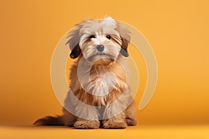 Portrait of Beautiful happy reddish havanese puppy dog on the orange background with copy space
