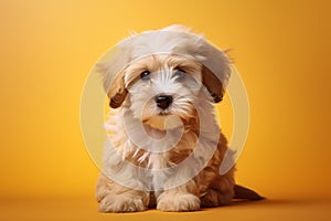 Portrait of Beautiful happy reddish havanese puppy dog on the orange background with copy space