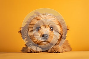 Portrait of Beautiful happy reddish havanese puppy dog on the orange background with copy space