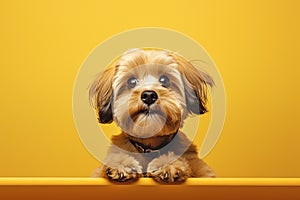 Portrait of Beautiful happy reddish havanese puppy dog on the orange background with copy space