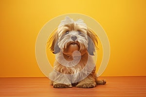 Portrait of Beautiful happy reddish havanese puppy dog on the orange background with copy space