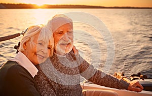 Portrait of a beautiful and happy senior couple in love hugging, relaxing and smiling while sailing together in the sea