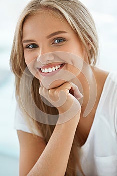 Portrait Beautiful Happy Woman With White Teeth Smiling. Beauty