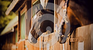 Portrait of a beautiful horse standing in a wooden stall in the stable on a summer day. Livestock. Farm