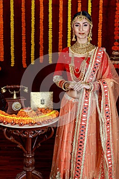 Portrait of beautiful Indian girl. She is wearing Traditional Indian costume. Indian lifestyle and Diwali celebration concept with