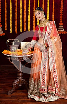 Portrait of beautiful Indian girl. She is wearing Traditional Indian costume. Indian lifestyle and Diwali celebration concept with