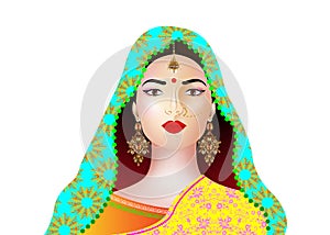 Portrait of beautiful indian girl. Young hindu woman model with kundan jewelry set. Traditional India costume lehenga choli saree photo