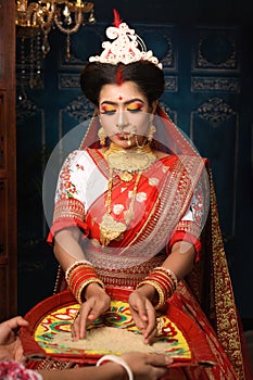 Portrait of beautiful Indian woman wearing traditional Indian saree, gold jewellery and bangles throws a handful of rice over her