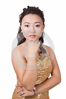 Portrait of beautiful kazakh woman looking at camera isolated on whiteâ€“ stock image