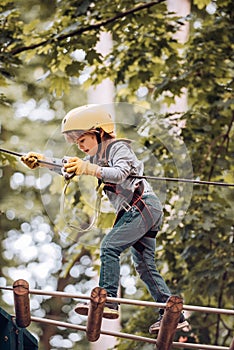 Portrait of a beautiful kid on a rope park among trees. Happy child boy calling while climbing high tree and ropes. Eco