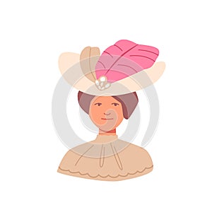 Portrait of Beautiful Lady in Historical Vintage Dress and Hat with Pink Feathers. 19th Century Woman in Elegant Clothes