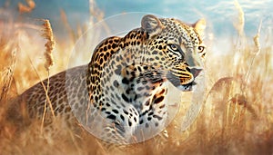 Portrait of a Beautiful Leopard Resting in the Savannah - Generative Ai