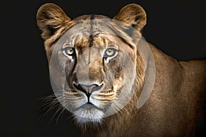 Portrait of a beautiful lionesses on dark background. Lion female calm looking gaze. Animal on black background. Generative AI