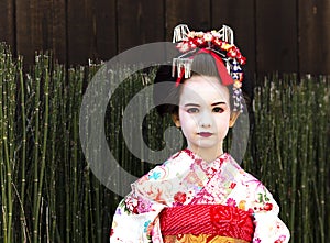 Portrait of beautiful little girl in Maiko kimono dress