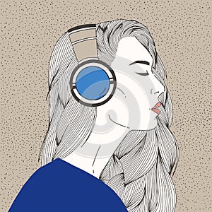Portrait of beautiful long-haired young woman with closed eyes wearing headphones. Gorgeous girl listening to music