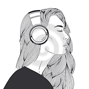Portrait of beautiful long-haired young woman wearing headphones drawn with black contour lines on white background