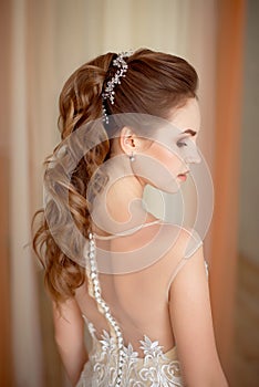 Portrait of Beautiful luxurious female model with medium brown hair in a long fashinable dress standing in the room.