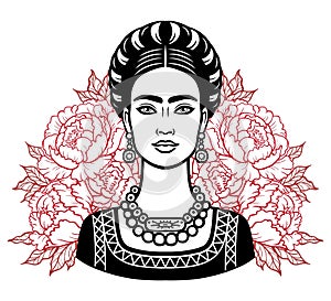 Portrait of the beautiful Mexican girl in ancient clothes, a background - the stylized roses.