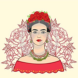 Portrait of the beautiful Mexican girl in ancient clothes, a background - the stylized roses. photo