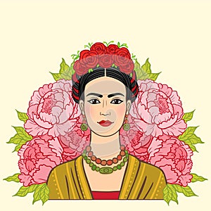 Portrait of the beautiful Mexican girl in ancient clothes, a background - the stylized roses. photo