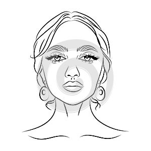 Portrait of a beautiful Mexican woman, sketch, line drawing. Women\'s look. Beauty logo, illustration