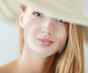 Portrait of beautiful model in hat ,isolated on white background