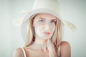 Portrait of beautiful model in hat ,isolated on white background