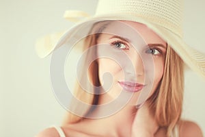 Portrait of beautiful model in hat ,isolated on white background