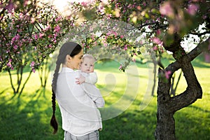Portrait Beautiful Mother And Baby outdoors. Nature. Beauty Mum and her Child playing in Park.
