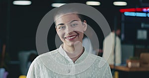 Portrait of beautiful multiethnic short haired business woman, freelancer student smiling at camera in blurry background