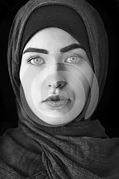 Portrait of a beautiful Muslim woman, black and white