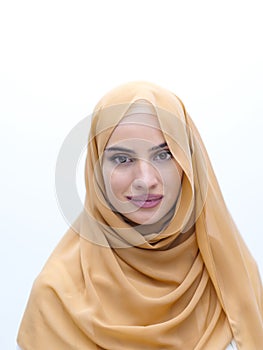 Portrait of beautiful muslim woman isolated on white