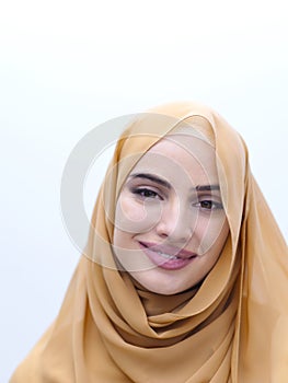 Portrait of beautiful muslim woman isolated on white