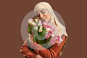 Portrait of a beautiful muslim woman wearing a beige hijab and holding a big bouquet of tulips on a brown background. The concept