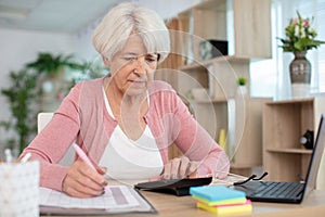 portrait beautiful older woman working laptop computer indoors