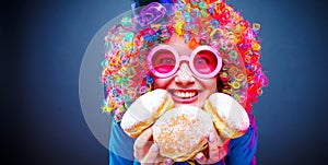 Portrait of beautiful party woman in wig and glasses Carneval