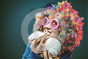 Portrait of beautiful party woman in wig and glasses Carneval