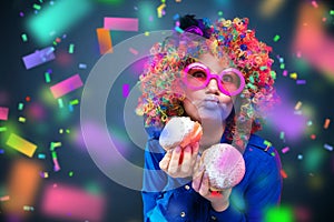 Portrait of beautiful party woman in wig and glasses Carneval