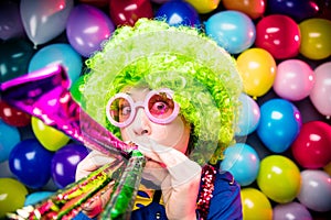 Portrait of beautiful party woman in wig and glasses Carneval