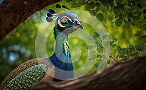 Portrait of beautiful peacock with feathers out, blurred green forest background, generative AI