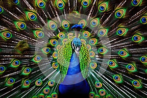 Portrait of beautiful peacock with feathers out, close up, AI Generated