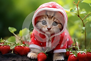 Portrait of a beautiful Persian cat dressed in red juicy fruit