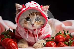 Portrait of a beautiful Persian cat dressed in red juicy fruit