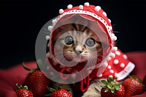 Portrait of a beautiful Persian cat dressed in red juicy fruit