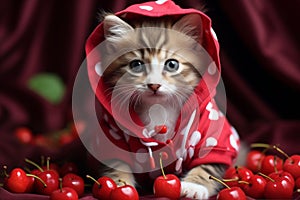 Portrait of a beautiful Persian cat dressed in red juicy fruit