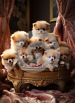 Portrait of beautiful Pomeranian puppies sitting next to each other