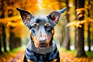 Portrait of a beautiful purebred doberman dog in the park. Generative AI