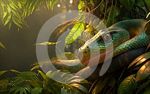 portrait of beautiful python snake in greenery of jungle. close up. Ai generated