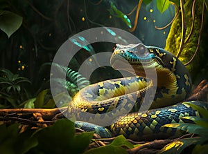 portrait of beautiful python snake in greenery of jungle. close up. Ai generated photo