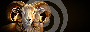 Portrait of a Beautiful Ram with Large Horns on a Black Background - Generative Ai